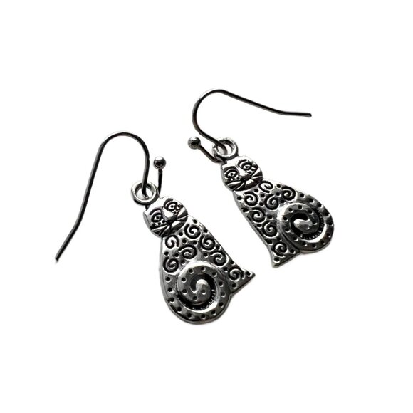 Quirky Cat Dangle Earrings Double Sided Shiny Antique Silver Tone NWOT - Picture 2 of 5